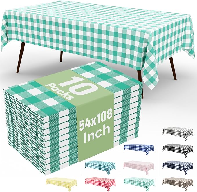 10 Packs Buffalo Disposable Table Cloth, 54 x 108 Inch Waterproof Plastic Tablecloth, Rectangle Teal and White Checkered Table Covers for Picnic, Birthday, Party, Back to School