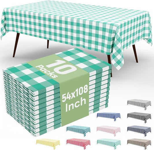 10 Packs Buffalo Disposable Table Cloth, 54 x 108 Inch Waterproof Plastic Tablecloth, Rectangle Teal and White Checkered Table Covers for Picnic, Birthday, Party, Back to School