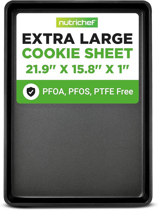 NutriChef Nonstick XL Cookie Sheet Baking Pan - Extra Large 22 Inch x 16 Inch with Raised Edges, Thick Carbon Steel Oven Baking Sheet for Jelly Rolls, Cookies, Cakes, & Pastries - Black