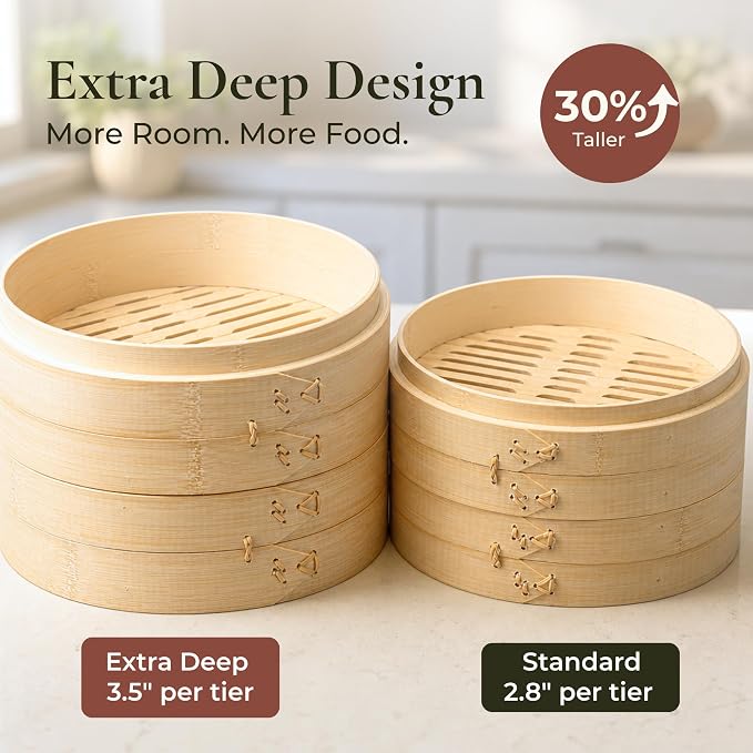 Bamboo Steamer Basket 10 Inch, Extra Deep Dumpling Steamer Set | Incl. Silicone Liners & Steel Ring, Steam Basket For Pot & Wok. Vegetable & Food Steamer For Dim Sum, Bao Buns