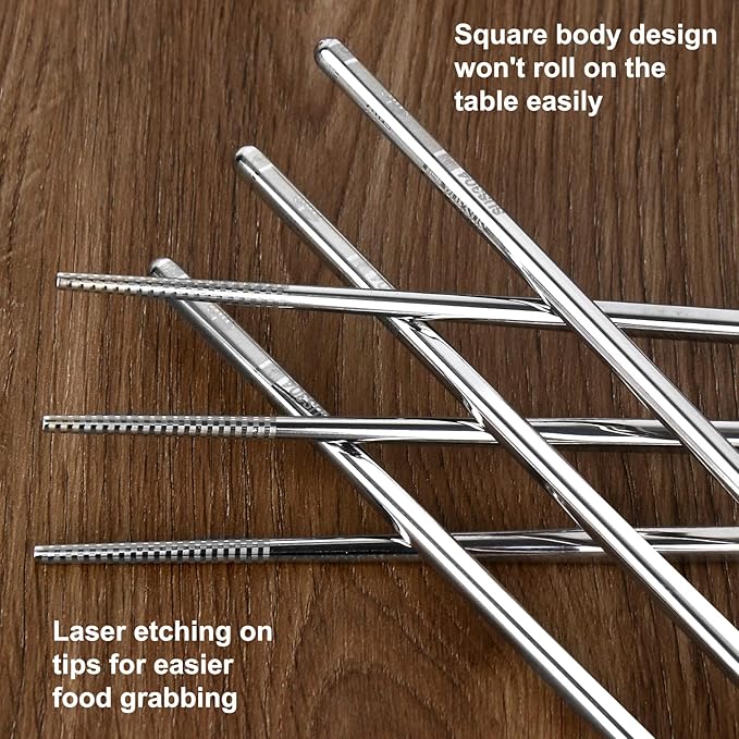 Premium Stainless Steel Metal Chopsticks, Reusable Silver Chopsticks Dishwasher Safe, Square Lightweight Non-Slip Chop Sticks Easy to Use for Home Kitchen Hotel Restaurant (Stainless steel, 8.7)