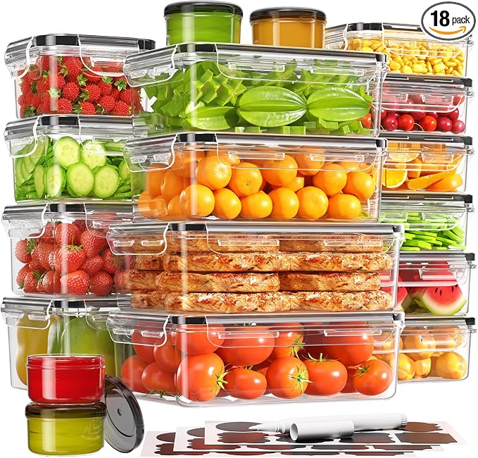 KEMETHY 36-Piece Food Storage Containers with Lids(18 Container & 18 Lid), Plastic Food Containers for Pantry & Kitchen Storage and Organization, BPA-Free, Leak Proof, Reusable with Labels & Pen