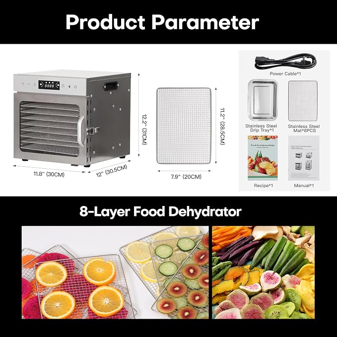 Panana Food Dehydrator for Jerky, Fruit, Meat, Beef, Herbs, 6/8/12/18-Tray Full Stainless Steel Dehydrator Machine, LED Display, Adjustable Timer, Temperature Control, Overheat Protection (8-Trays)