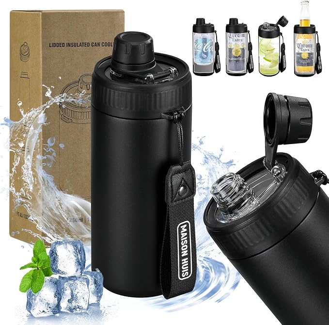 4 In 1 Beer Can Cooler Bottle Holder with Drinking Spout Lid for 12oz Regular, Slim Skinny Cans and Thermal Bottles,Sealed Insulated Double Wall Vacuum Stainless Steel Can Keeps Your Drinks Cold