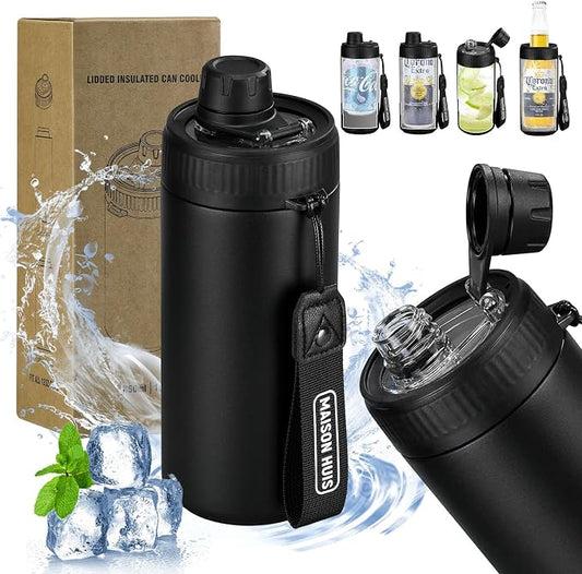 4 In 1 Beer Can Cooler Bottle Holder with Drinking Spout Lid for 12oz Regular, Slim Skinny Cans and Thermal Bottles,Sealed Insulated Double Wall Vacuum Stainless Steel Can Keeps Your Drinks Cold