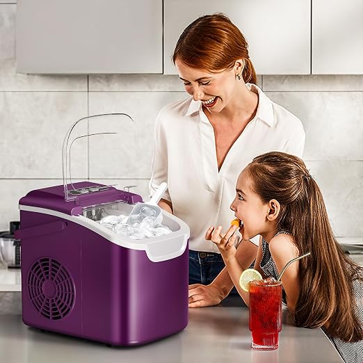 Countertop Portable Ice Maker Machine with Handle, 8 Bullet-Shaped Ice Cubes Ready in 6 Mins, 26Lbs/24H, Self-Cleaning Function with Ice Scoop and Basket for Home/Kitchen/Party (Purple)