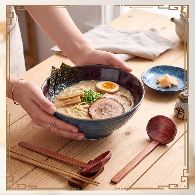 Geiserailie 40oz Ceramic Japanese Ramen Bowls Set of 4, 8 Inch Deep Asian Pho Udon Soup Noodle Bowls with Chopsticks, Spoons & Chopstick Rest -Microwave & Dishwasher Safe(Peacock Green)