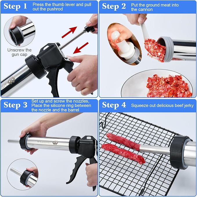 3rd Gen 2.1 LB Professional Jerky Gun Kits, Sausage Stuffer, Stainless Steel Jerky Maker, Jerky Shooter, Beef Jerky Making Gun with 5 Nozzles, 1 meat pusher and 5 Cleaning Brushes