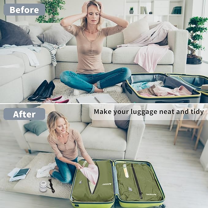 Vacuum Bag for Travel, Professional IPX8 Waterproof Reusable Vacuum Compression Bags for Travel Suitcases, Durable Space Saver Bag(2 PACK,With Pump)