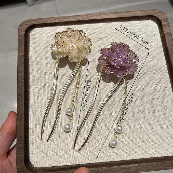 Vintage Pearl Chinese Hair Sticks, Pink and Gold Flower Design, Metal Hair Pins with Tassel, Traditional Oriental Style Hair Chopsticks for Women, 2 Pack