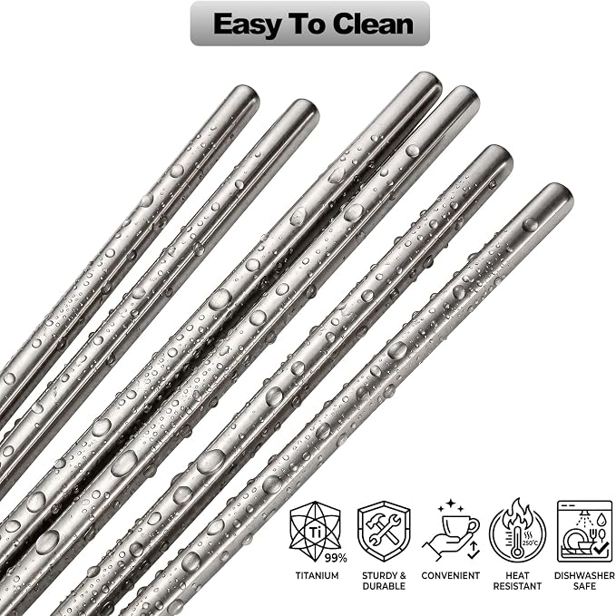 Nicunom 5 Pairs Pure Titanium Chopsticks, Ultralight Titanium Metal Chopsticks Dishwasher Safe Non-Slip Reusable Chopstick for Home Camping Travel, Silver Chop Sticks Gift Set