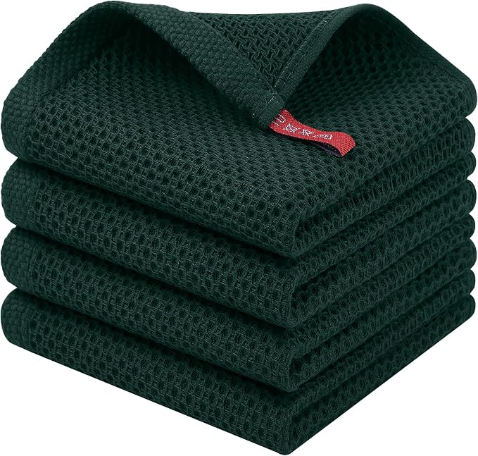 Homaxy 100% Cotton Waffle Weave Kitchen Dish Cloths, 4-Pack, Blackish Green | 12 x 12 Inches, Ultra Soft Absorbent Dish Towels, Quick Drying Dish Rags with Hanging Loop