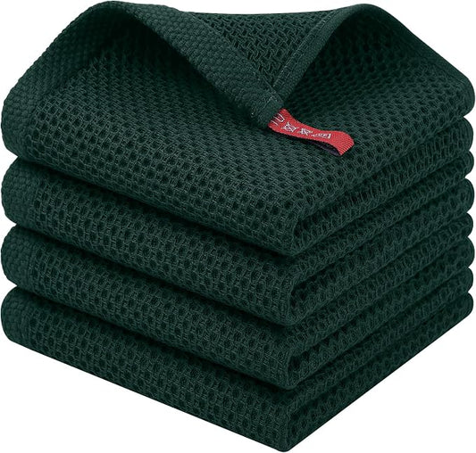 Homaxy 100% Cotton Waffle Weave Kitchen Dish Cloths, 4-Pack, Blackish Green | 12 x 12 Inches, Ultra Soft Absorbent Dish Towels, Quick Drying Dish Rags with Hanging Loop