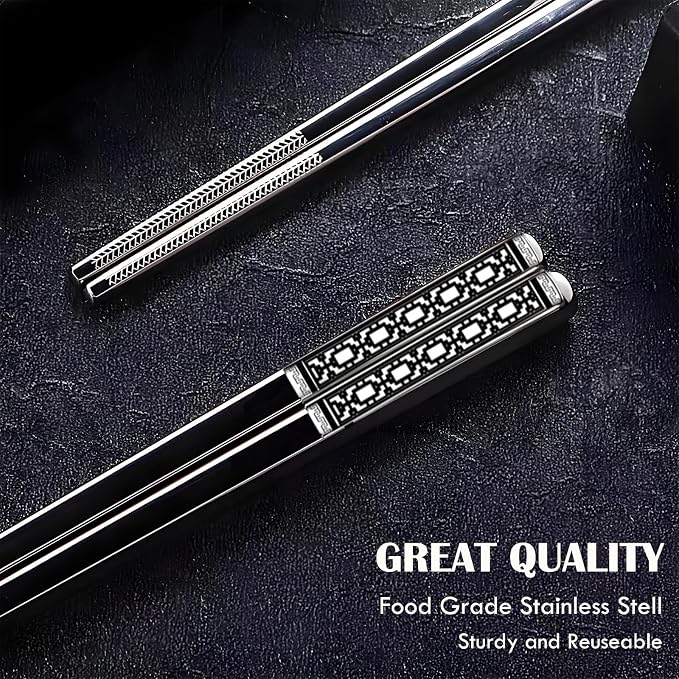 Metal Chopsticks Reusable,Stainless Steel,Dishwasher Safe,5 Pairs,Silvery | Gift Box Set,Square,Lightweight, Non-Slip,Laser Engraved Patterns No fade
