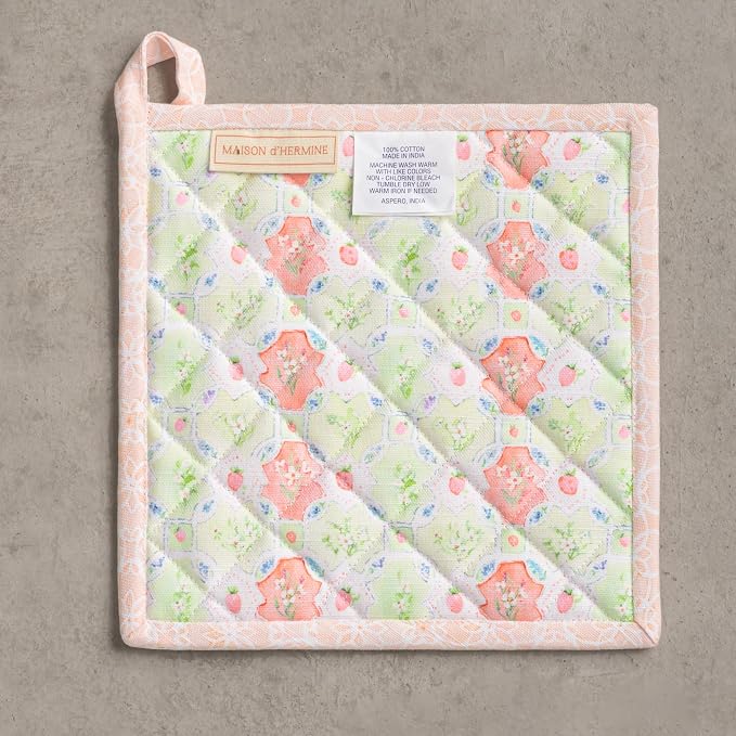 Maison d' Hermine Pot Holders 100% Cotton Potholders (8" x 8", Pack of 1) | Heat Resistant Hot Pads with Loop BBQ Cooking Baking Farmhouse Kitchen Handling Hot Pans Spring Summer - Bunny Party