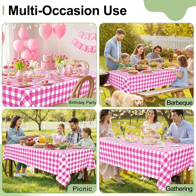 6 Packs Buffalo Disposable Table Cloth, 54 x 108 Inch Waterproof Plastic Tablecloth, Rectangle Hot Pink and White Checkered Table Covers for Picnic, Birthday, Party, Back to School