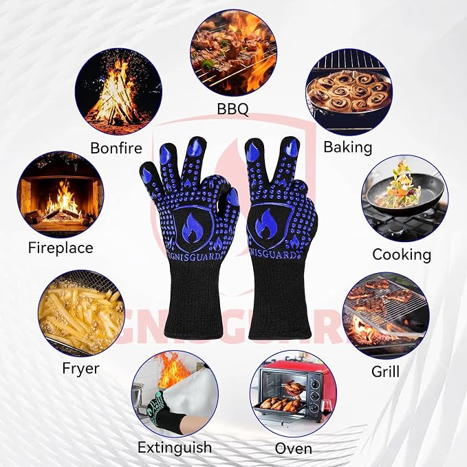 BBQ & Grill Gloves, Oven Gloves, 1472°F Silicone Oven Mitts Heat Resistant Grilling Gloves Fireproof Non-Slip for Barbecue Cooking Baking Smoking, 1-Pair (Blue, Medium)