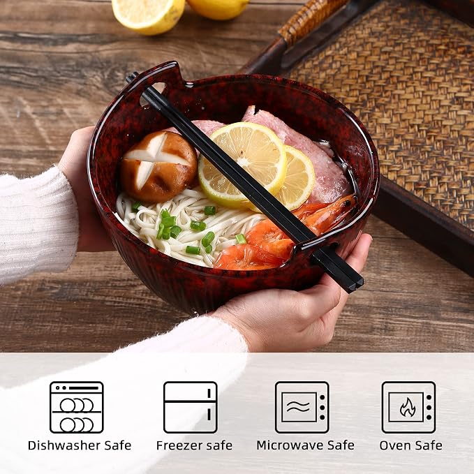 Ramen Bowl Set with Chopsticks and Spoons, Ceramic Noodle Bowl Set of 2, Donburi Bowl, Dishwasher Safe for Pho Udon Soba Noodle Salad Pasta, Special Reactive Glazed Crimson Bowls Set