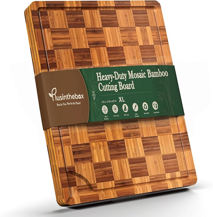 Brown Bamboo Cutting Board 18" x 12", Heavy Duty Checkered End Grain Butcher Block for Kitchen, Wooden Chopping Board with Deep Juice Grooves and Handles for Meat, Vegetables, Dough and Meal Prep