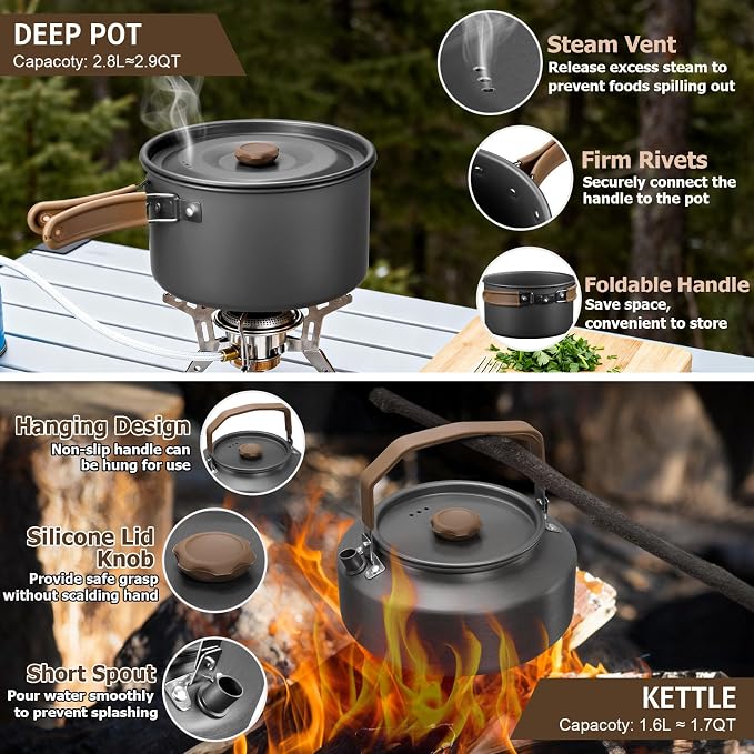 18Pcs Camping Cookware Cooking Set, Joyfair Camp Mess Kit with Utensils | Nonstick Pan,Pot,Kettle,Grill Grate, Outdoor Portable Backpacking Gear Openfire Accessories Essentials, Compact&Lightweight