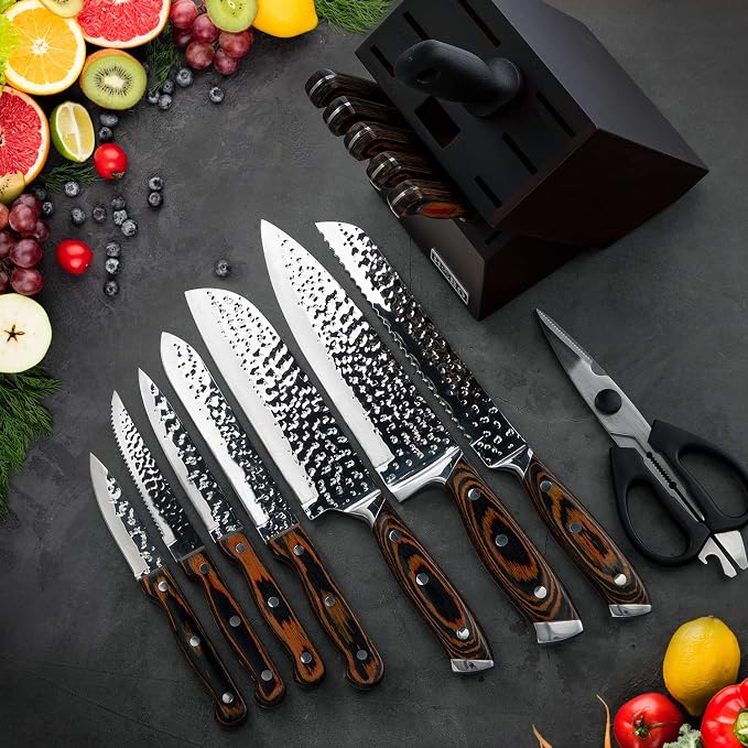 Kitchen Knife Set,15-Piece Knife Set With Block Wooden,Self Sharpening For Chef Knife Set,High Carbon Japan Stainless Steel Hammered Collection Knife Block Set with Steak Knives, Boxed Knife Set | Hammered Collection, Japan Stainless Steel, with 6Pcs S...