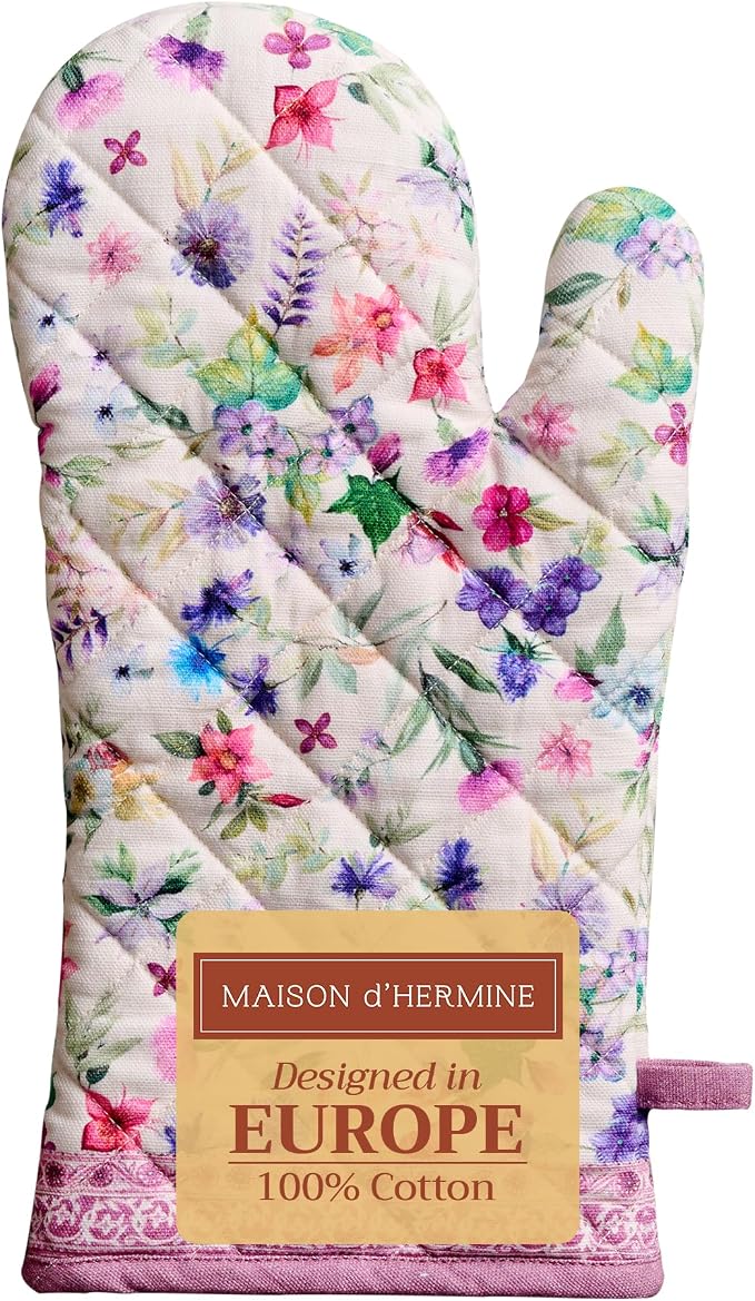 Maison d'Hermine Oven Gloves 100% Cotton Oven Mitt (7" x 13", Pack of 1) | With Loop Heat Resistant BBQ Cooking Gloves Baking Grilling Kitchen Handling Hot Pans Spring Summer - Chardon