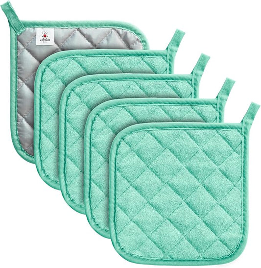 Joyhalo 5 Pack Pot Holders for Kitchen Clearance | Cotton Made, Machine Washable, Heat Resistant Potholder, Hot Pads, Trivet for Cooking and Baking, Aqua