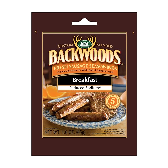 LEM Products Backwoods Reduced Sodium Breakfast Sausage Seasoning, 1.6 oz | Pre-Measured Seasoning for Wild Game and Domestic Meat, Seasons Up to 5 Pounds of Meat for Homemade Patties and Sausages