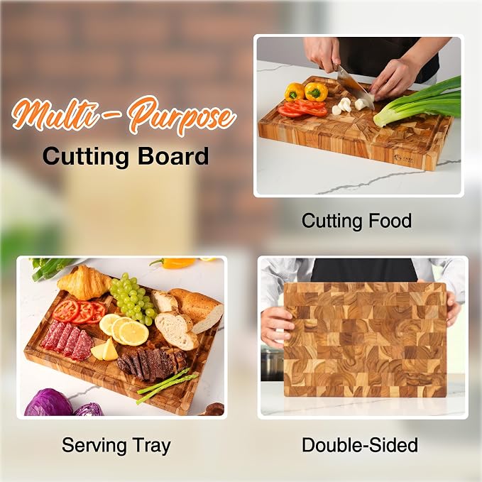 Large Teak Wood Cutting Board, End Grain Butcher Block for Kitchen, Big Wooden Kitchen Christmas, Thanksgiving Gifts for Hostess, Reversible, Hand Grips, Size 15.8x11x1.37 inch
