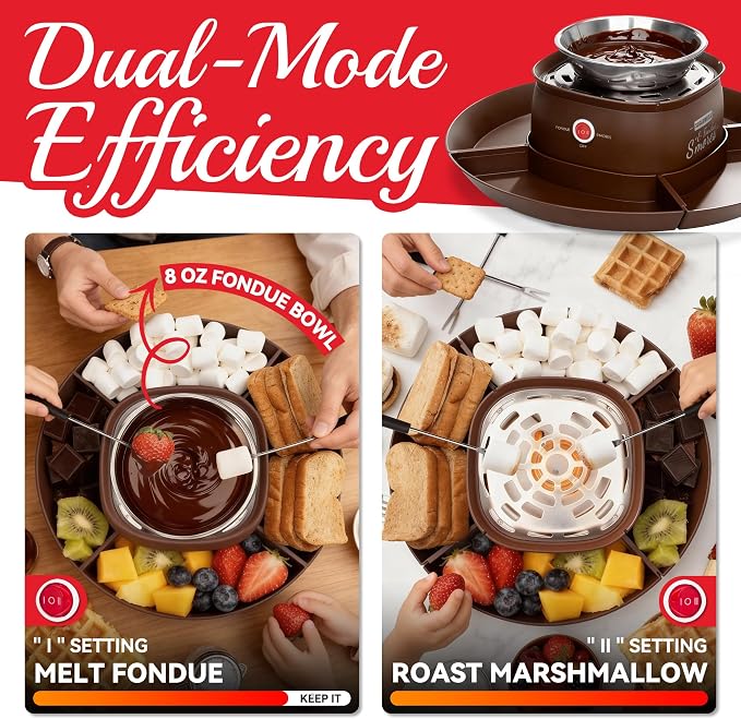 SugarWhisk 2 in 1 Electric Smore Maker & Fondue Set, Marshmallow Roaster with 4 Forks, Indoor Smores Kit for Kids & Couples, Cheese & Chocolate Fondue Pot, 4 Detachable Trays, Brown