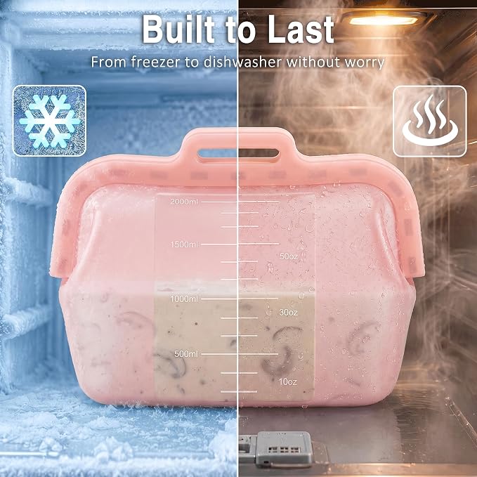 68oz Reusable Silicone Food Storage Bags with Magnetic Seal, Stand Up Freezer Bags for Meal Prep, Snacks, Sandwiches & Leftovers, Dishwasher Safe Reusable Food Storage Bag (Pink)