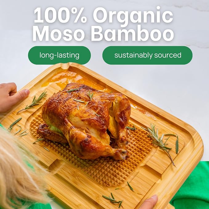 GREENER CHEF 18 Inch Extra Large Organic Turkey Carving Board with Lifetime Replacements - XL Wooden Butcher Block Meat Cutting Board with Pour Spout - Thanksgiving Cooking Essentials