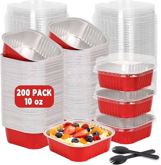 200 Pack 10 oz Red Square Mini Cake Pans with Lids, Mini Loaf Pans with Lids, Aluminum Foil Square Brownie Baking Cups for Ramekins Muffin Cupcake Wedding Birthday Party