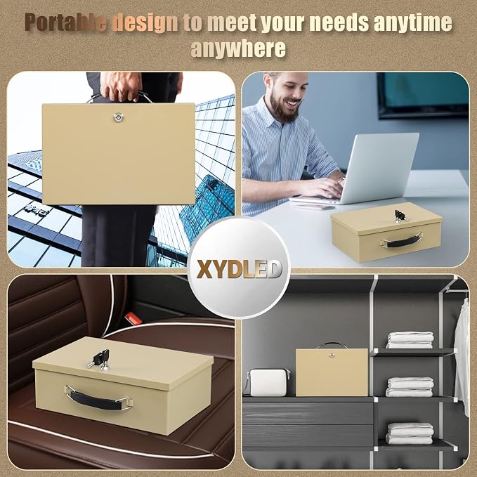 xydled Fireproof Document Box with Key Lock, Fire Safe Box, Sand | Fire and water resistant lock box for documents, passports, cash and valuables, keeping secure at home, 12.8 x 8.5 x 4.5 Inch