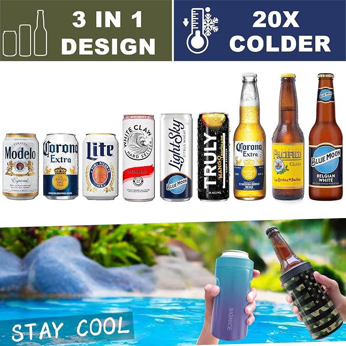 Universal Can Cooler - Signice 3 in 1 Insulated 12 oz Beer Can Insulator Stainless Steel Metal Holder for 12oz Slim Skinny Tall Standard Cans Bottle Hard Seltzer Soda Energy Drinks (Ocean Dream)