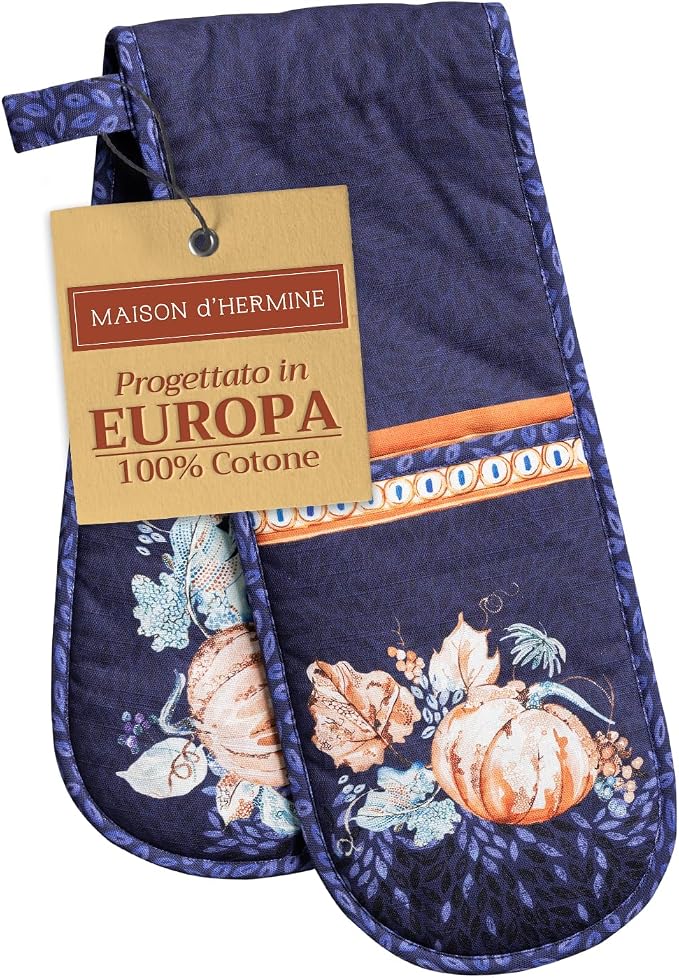 Maison d' Hermine Double Oven Mitts 100% Cotton Double Oven Glove (7"x35") | Heat Resistant BBQ Cooking Gloves with Loop Baking Kitchen Home Hotel Farmhouse Thanksgiving Christmas - Pumpkin Blues