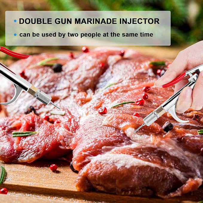 Electric Meat Injector Gun Pump with Hose, Stainless Steel Marinade Injector Syringe 70W with 10 Needles for BBQ, Turkey, Pork, Beef (Double Gun)