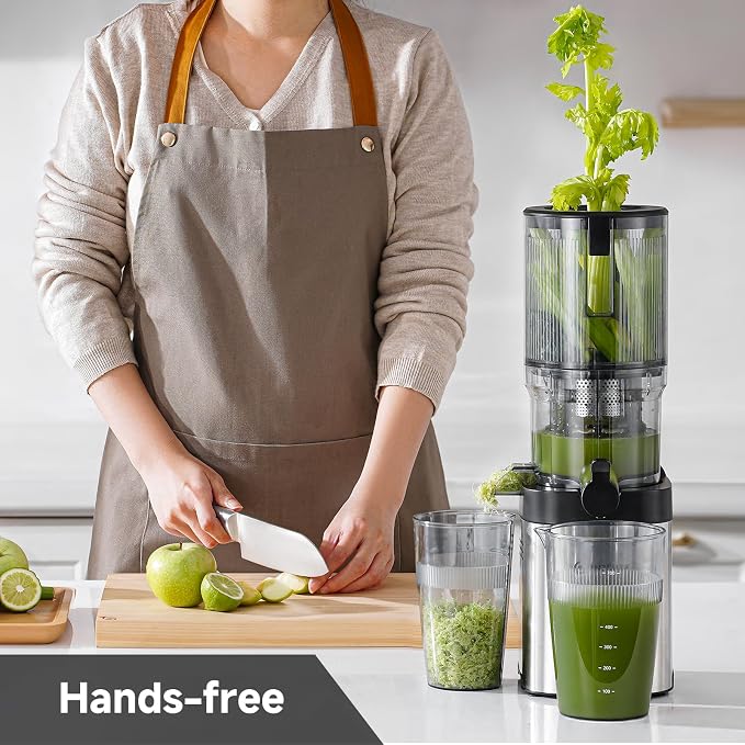 AMZCHEF Cold Press Juicer, 5.4" Whole Fruit Self-Feeding Slow Juicer | Stainless Steel Slow Masticating Juicer Easy to Clean | Triple Strainers | Large Auger | High Yield
