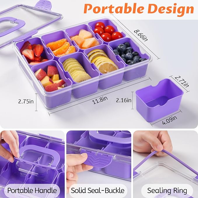 Snackle Box Container Dishwasher Safe Divided Serving Tray with Lid Handle | Charcuterie Board for Portable Snack Platters, Organizer for Fruits Snacks, Perfect for Road Travel - Purple