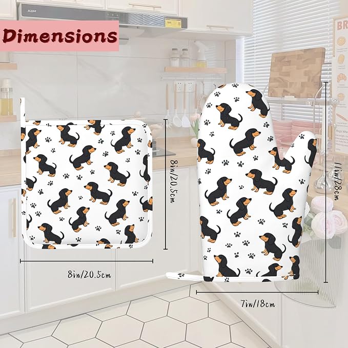 Cute Dachshund Dog Heat-Resistant Silicone Oven Mitts and Pot Holders 4 Piece Set,Extra Long Non-Slip Kitchen Oven Gloves for Cooking, Baking, BBQ,Grilling