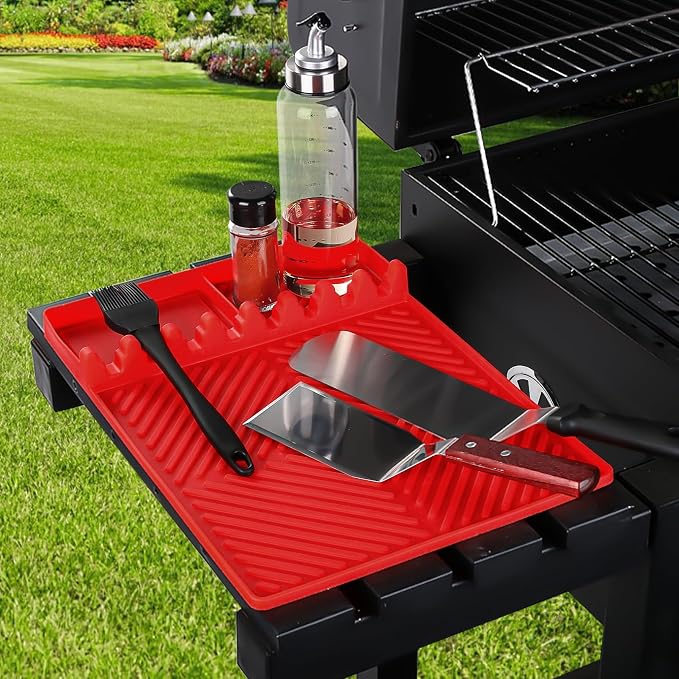 Find law Silicone Tools Mat for Griddle & Kitchen Countertop | Red Side Shelf Spatula Mat with Drip Pad for Blackstone Weber Traeger Pit Boss Flat Top Grill Smoker, BBQ Gifts for Men
