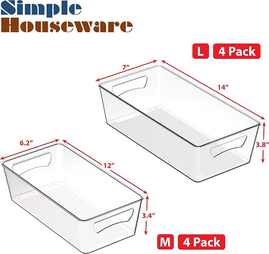 Simple Houseware Pantry Bins Storage Organizer, 8 Packs, (4M/4L) | Large 14 x 7 x 3.75 in. | Medium 12 x 6.2 x 3.4 in.