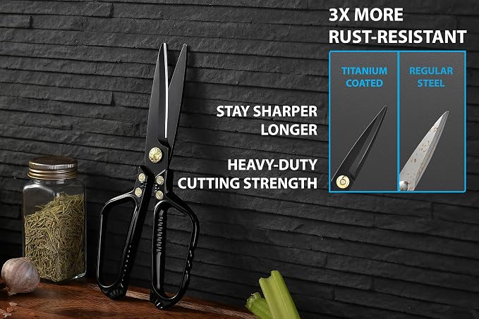 Kitchen Scissors - Heavy Duty Kitchen Shears with Stainless Steel Titanium-Coated Blades for Food, Poultry, Meat & Herbs - Sharp All Purpose Cooking Scissors Dishwasher Safe