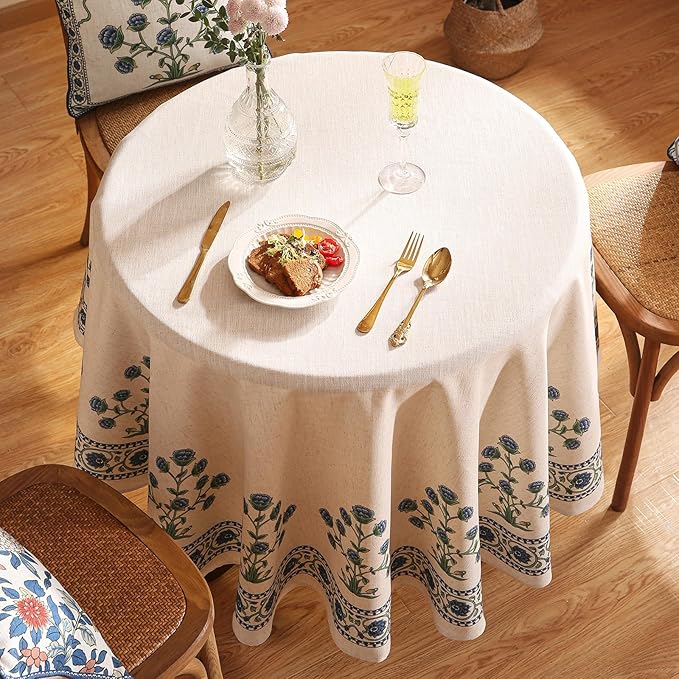 patdrea Designer Linen Blue Round Tablecloth,Vintage Leaves Pattern Floral Anti-Wrinkle Table Cloth,French Fall Dacorative Table Cover for Kitchen Dining,Thanksgiving,Party,Diameter 67"-Ivar B