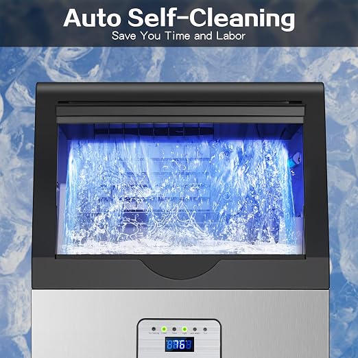 Amzgachfktch Commercial Ice Maker, 110lbs/24H Ice Maker Machine w/ 25 lbs Storage, 45 Ice Cubes in 12 Mins, Auto Self-Cleaning, Blue Light, Under Counter/Freestanding Ice Machine for Home Bar
