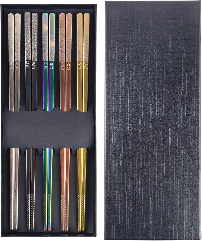 5 Pairs Stainless Steel Chopsticks, 9.25" Metal Set, Non-Slip Tips | 18/8 304 Stainless Steel, 5 Colors, Square Body, Laser-Engraved Tips, Dishwasher Safe, Gift Box