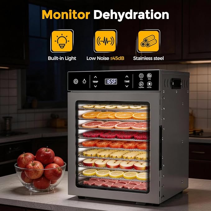 Suteck 400W Food Dehydrator with 10 Trays for Jerky, Fruit, Veg, Meat | Stainless Steel, 4 Presets, Strong Dual Fans & 360° Airflow, 85°F–195°F, 48H Timer, Built-in Light, Quiet