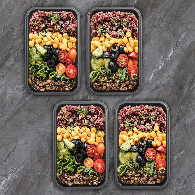 Collapsible Food Storage Containers with Lids, 4 Pack, 40 oz Silicone 1-Compartment Meal Prep Containers Reusable, Lunch Bento Boxes for Adults, Microwave Freezer Dishwasher Safe, BPA-Free, Black
