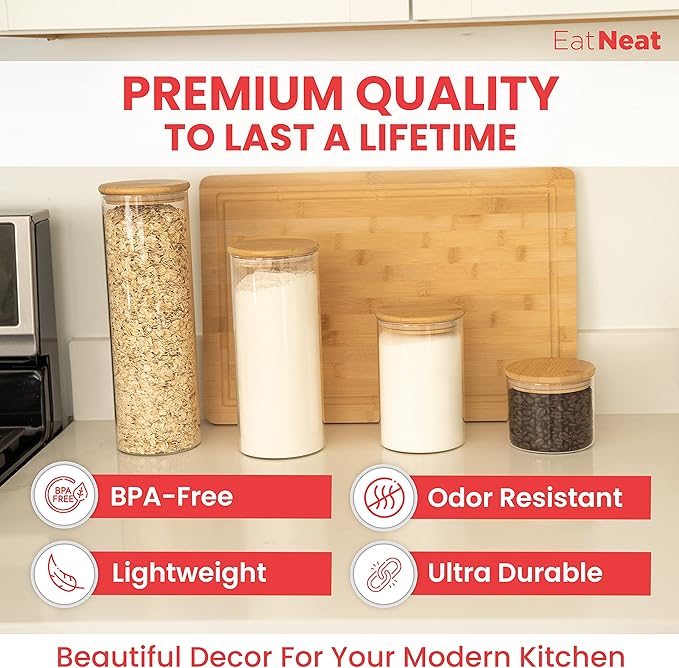 EatNeat 4‑Piece Glass Canister Set with Airtight Bamboo Lids – Giftable Kitchen Storage – Tall Jar Fits Spaghetti – 74/56/36/20 oz for Pantry, Dry Goods, Coffee, Snacks & More