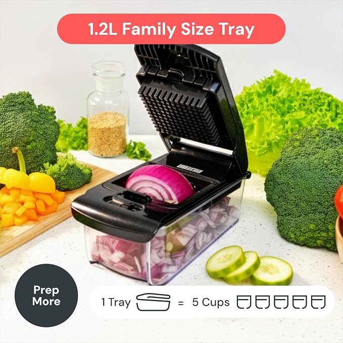 Fullstar Pro Original Vegetable Chopper & Mandoline Slicer Kitchen Gadget | 6 in 1 Veggie Slicer, Onion & Fruit Cutter with Sharp Stainless Steel Blades & Container, All-in-One Meal Prep Tool (Black)
